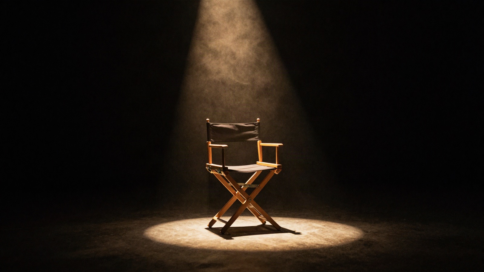 Empty director's chair in a dark studio under a single gold beam