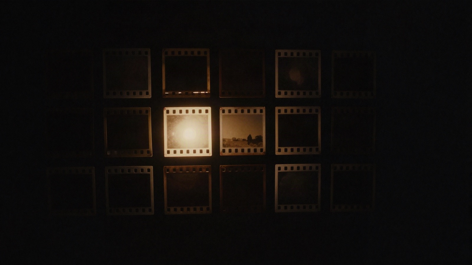 Grid of dark film frames, one of them lit in gold